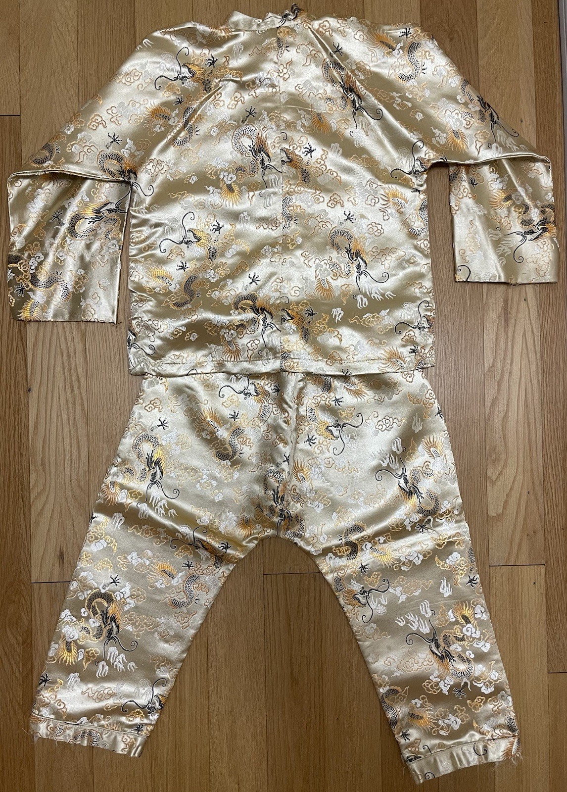 Children’s Gold Satin Cheongsam Set Dragon Motif Traditional Asian Outfit
