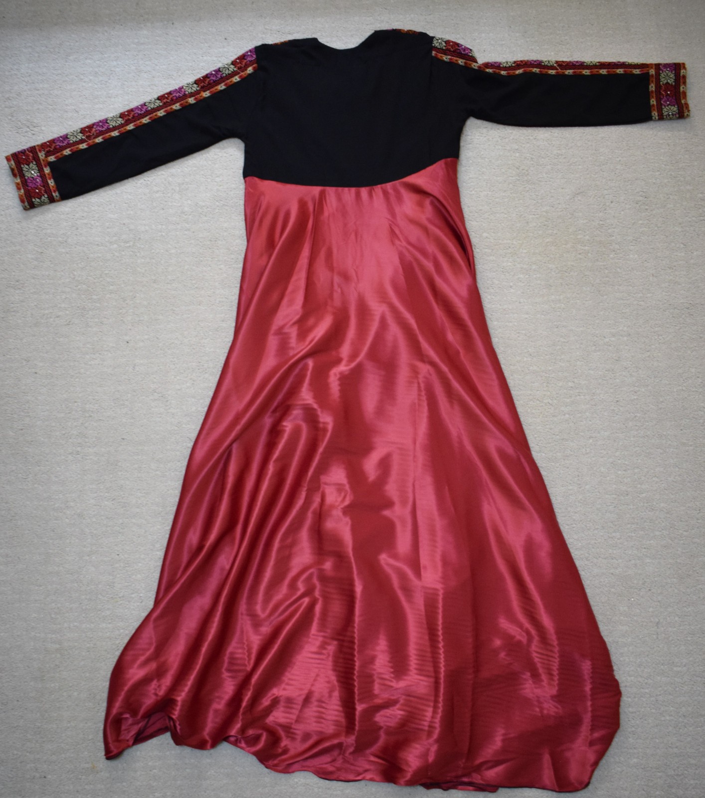Palestinian Tatreez Thobe Black Red Satin Bedouin Embroidered Kaftan