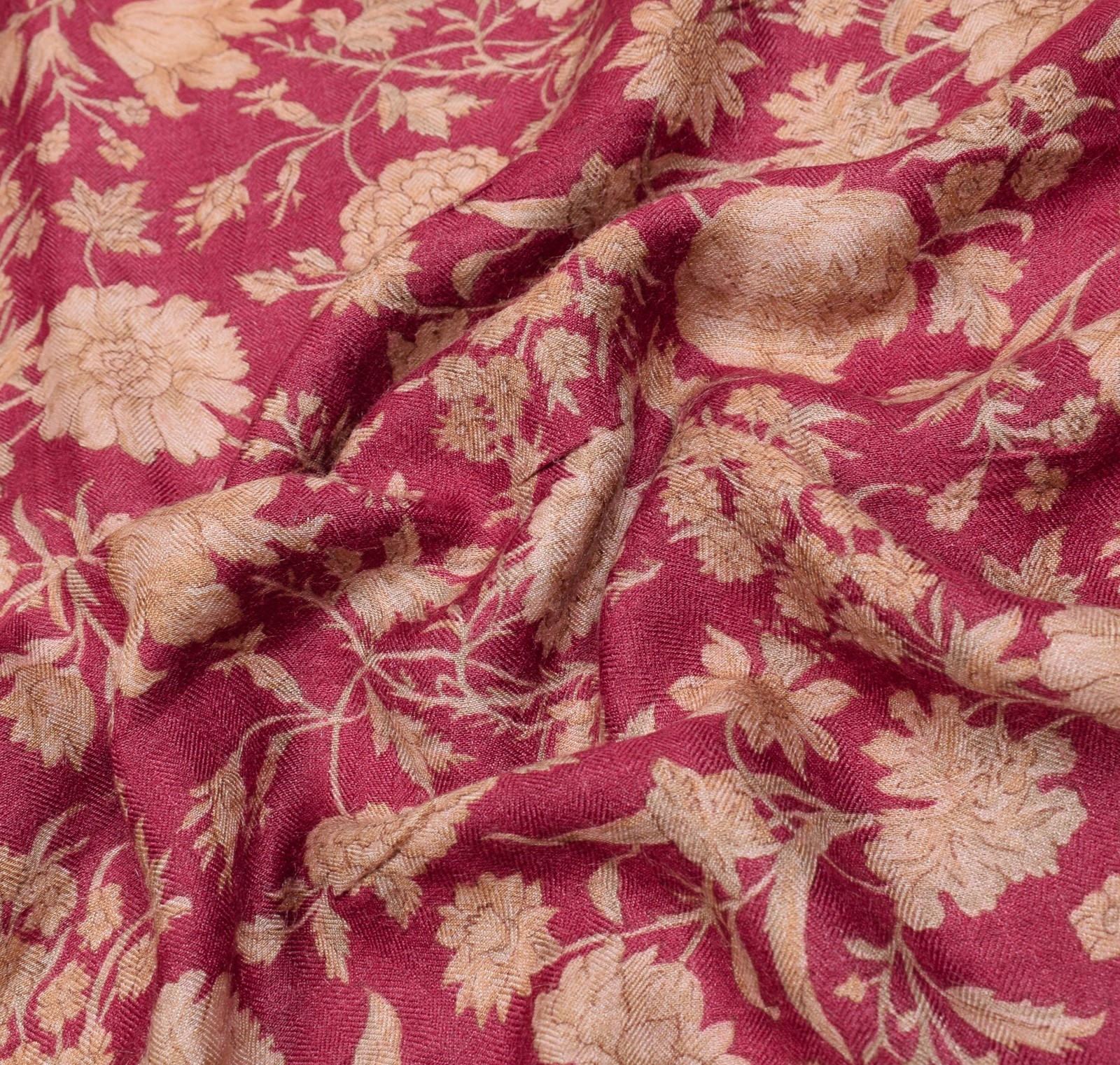 Sushila Vintage Pure Woolen Saree Floral Printed Woven Dark Magenta Sari Fabric