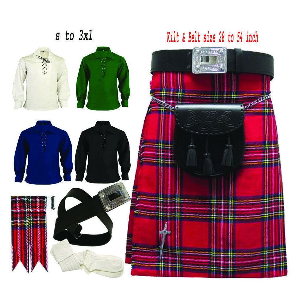 Men’s Traditional Scottish Kilt Various Tartan outfit Belt Sporran 8 Pcs Set