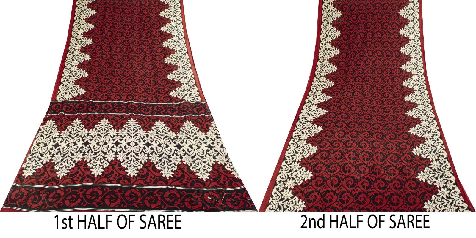 Sanskriti Vintage Saree Red-Black Pure Cotton Damask Printed Sari Fabric 5+Yard