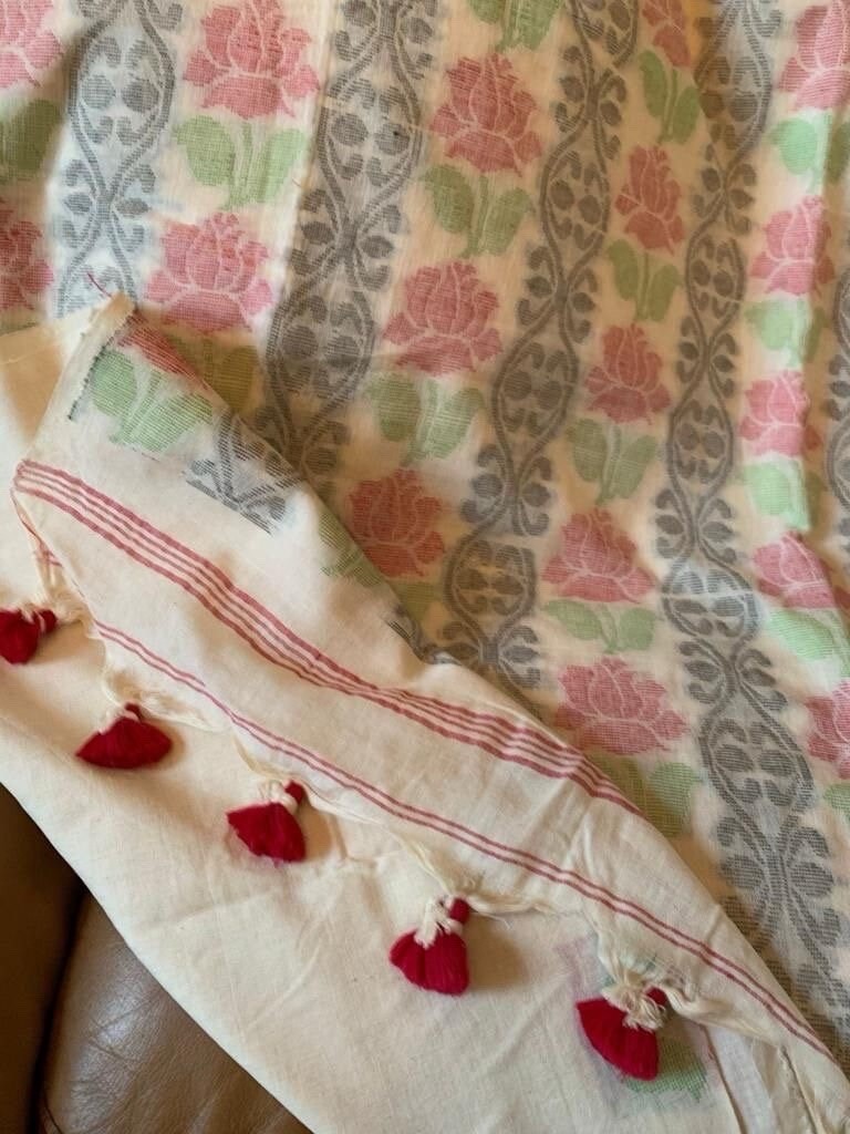 Off White Ivory Khadi Handloom Cotton Saree partywear casual wear Sari For Women