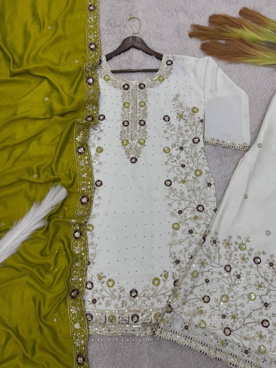 New Presenting Olive Green Chinon Silk Kurta Palazzo With Dupatta For Women