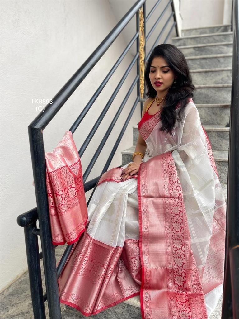 indian sarees for women White Silk Saree Bollywood Jacquard Brocade Blouse Saree