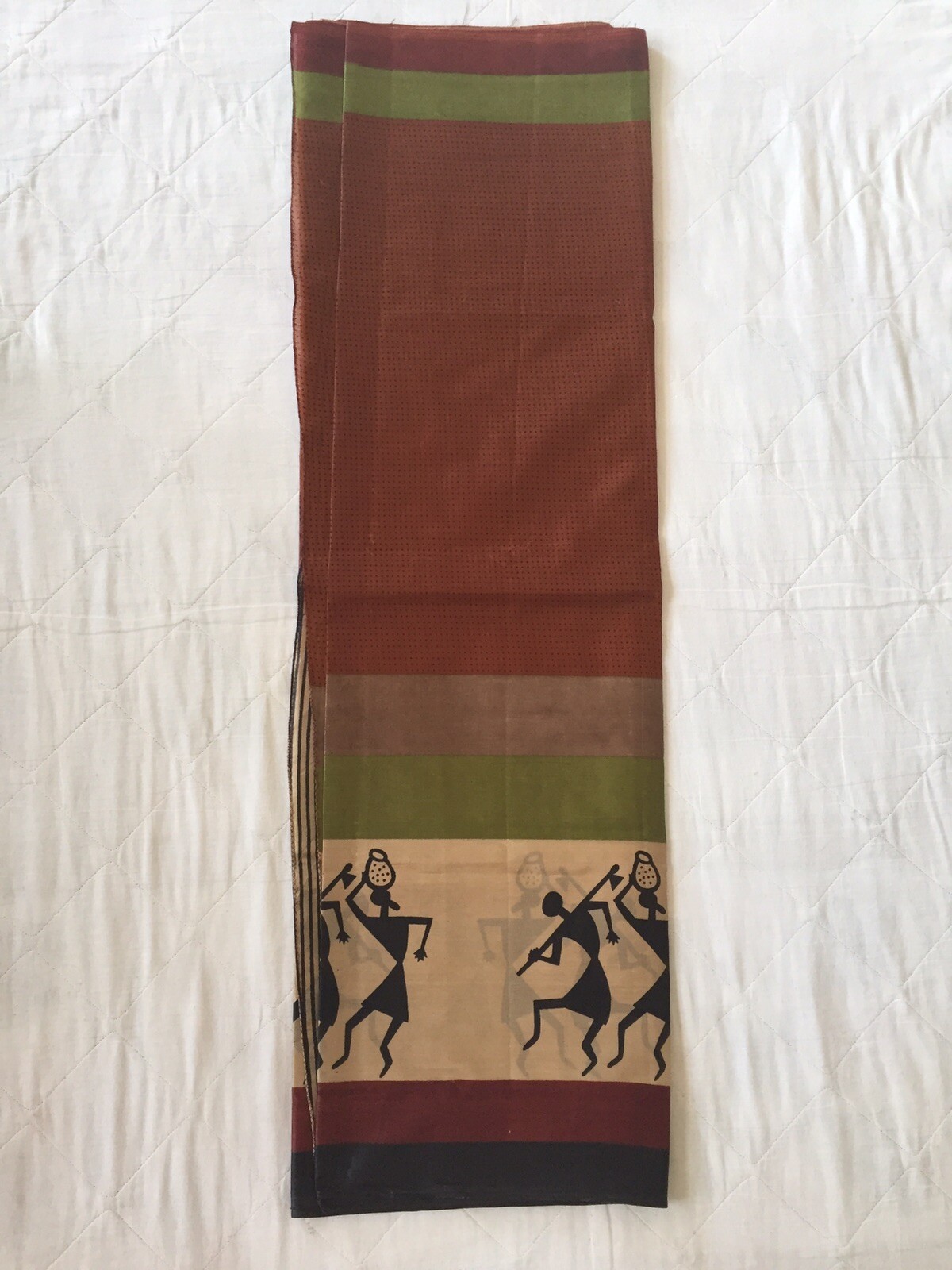 Brown/Green Printed Light Weight Art Silk Saree with stitched blouse & falls
