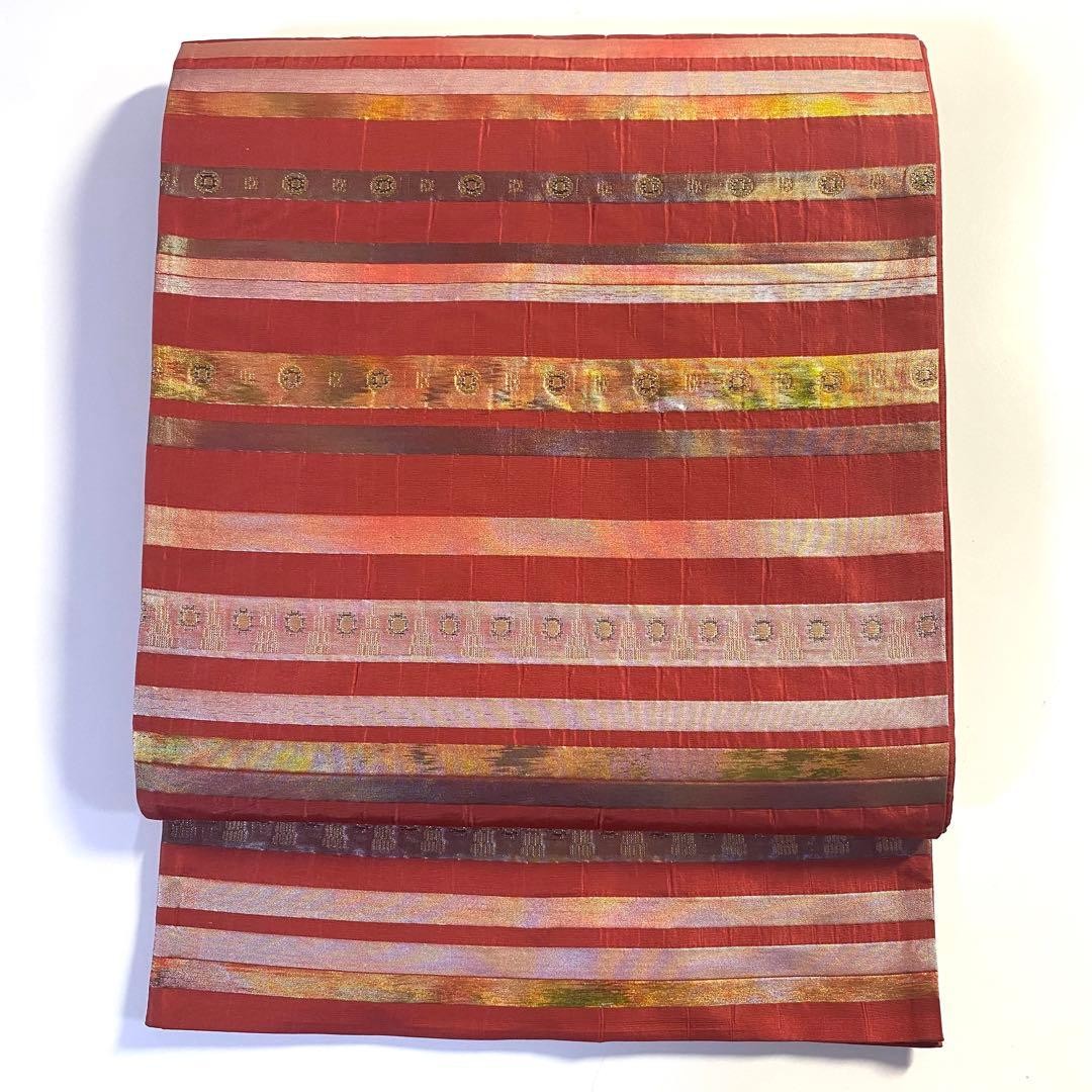 Silk Fukuro Obi, Red Gold Silver Stripe Pattern, 5k1942