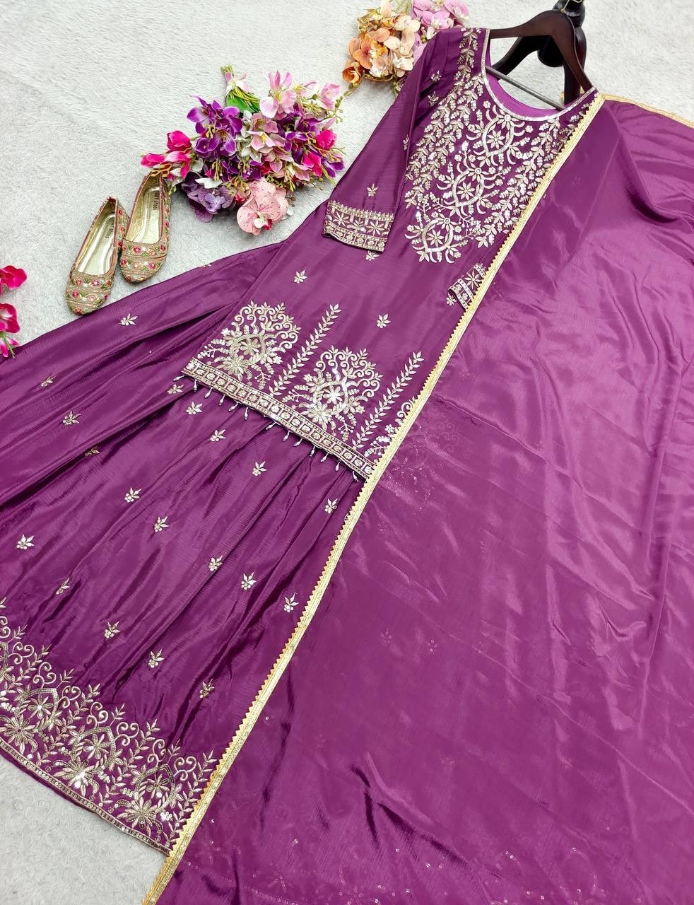 New Launching Chinon Silk Purple Top Lehenga With Dupatta For Wedding Wear