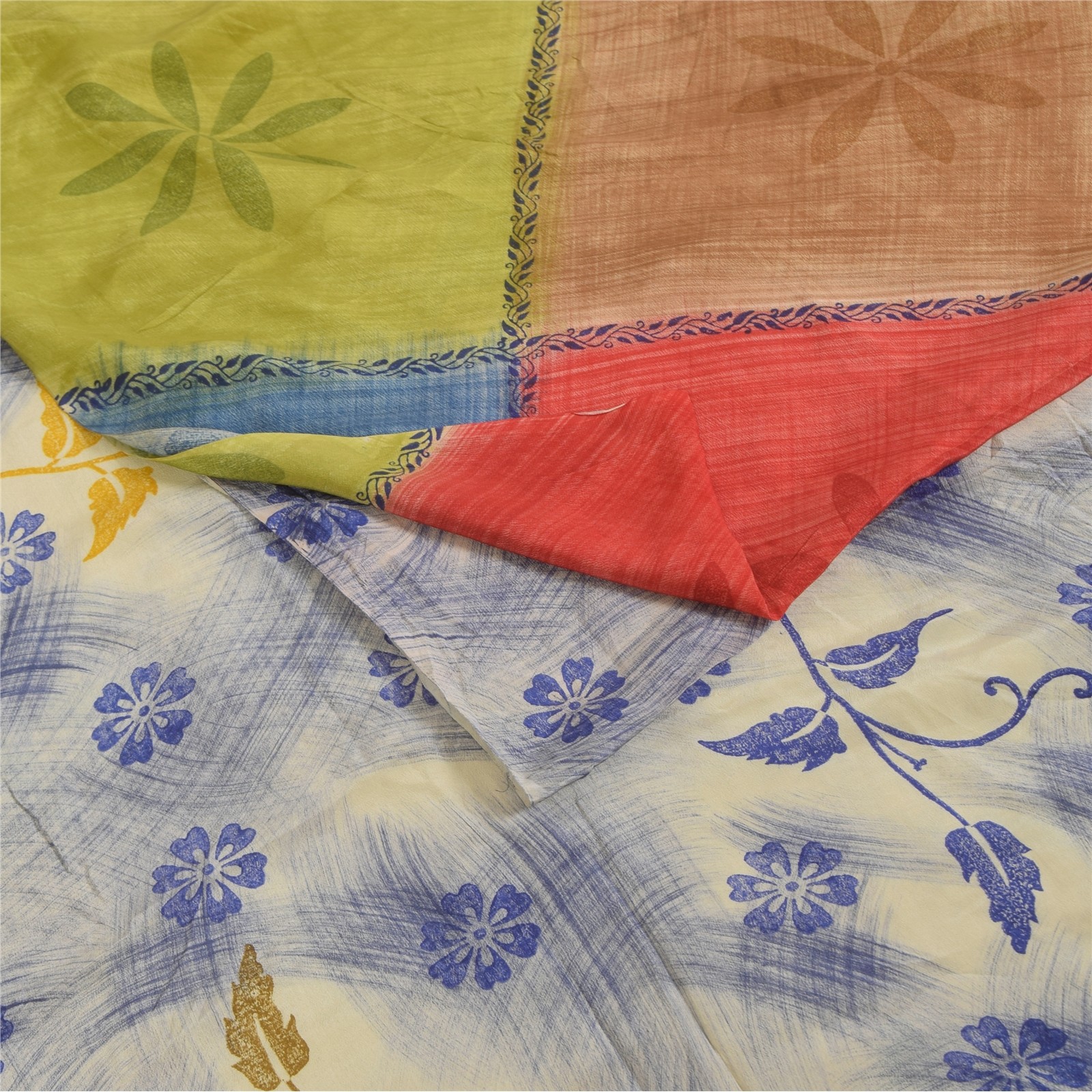 Sanskriti Vintage Saree Multicolor Pure Crepe Silk Print Sari 5.5Yd Craft Fabric