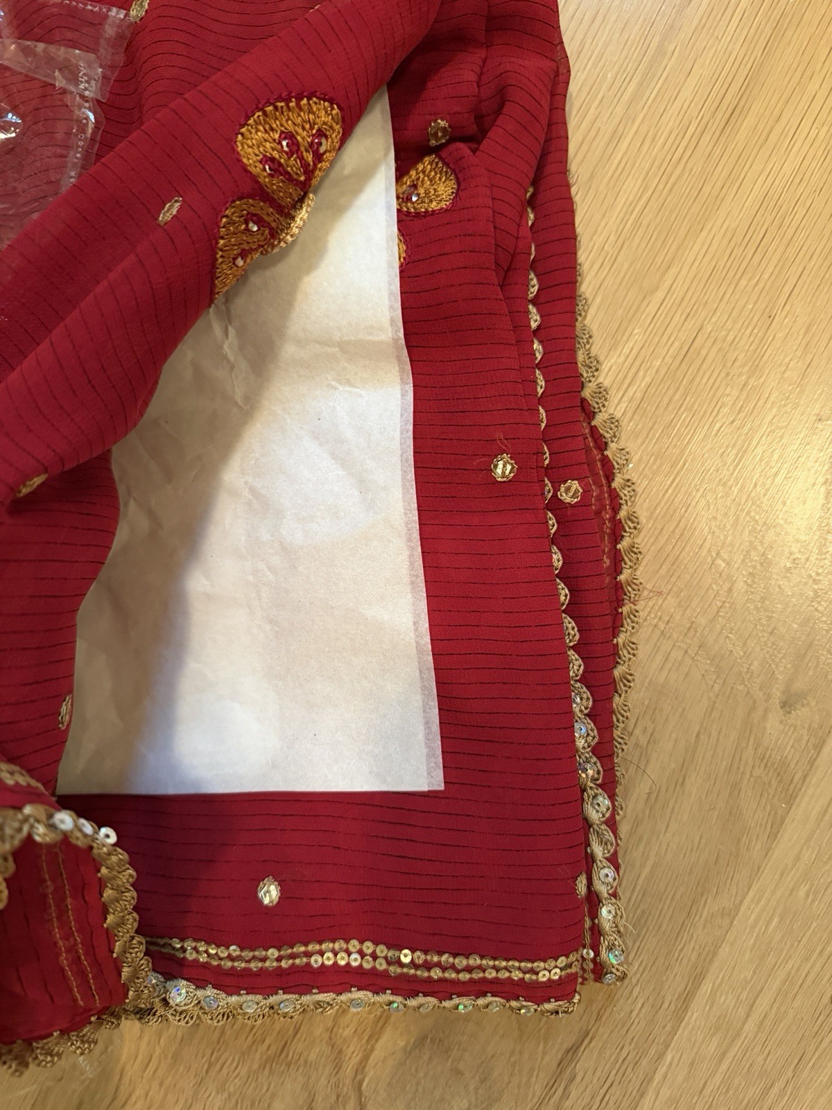 Red Chiffon Saree Fabric With gold sequin And Trim