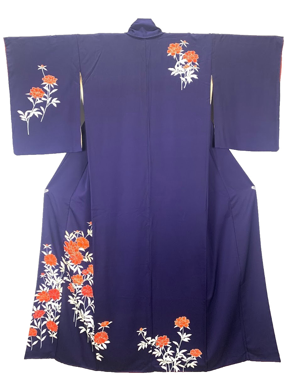 Vintage Japan Houmongi Silk Kimono L Royal Purple Yuzen Peony Unused Yuki26.4