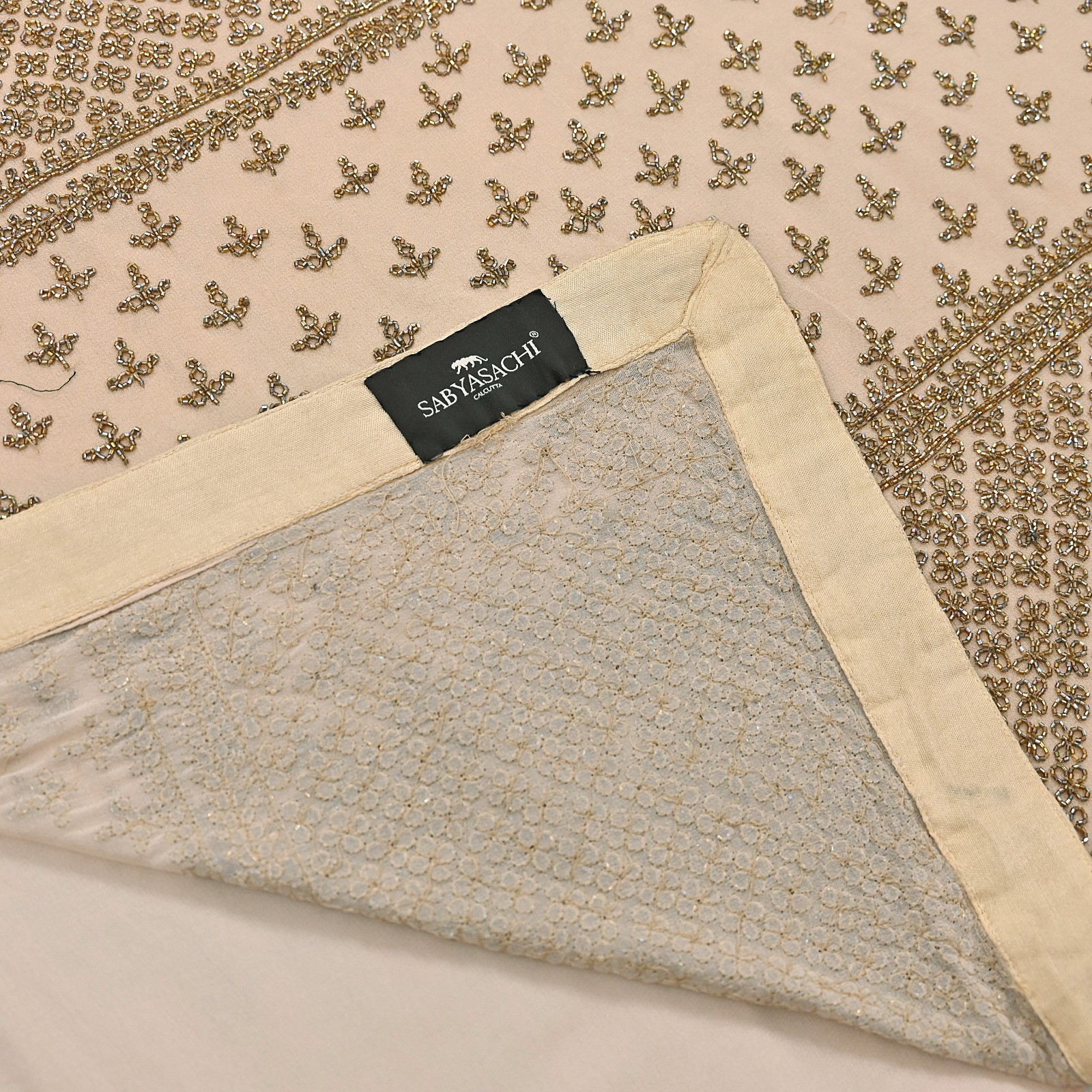 Rare Vintage Beige Georgette Silk Hand Embroidered Designer Sabyasachi Saree 6yd