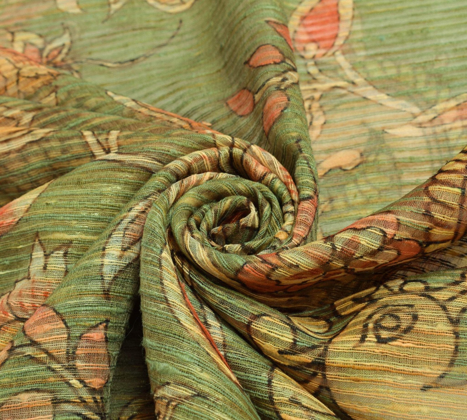 Sushila Vintage Green Silk Saree Kalamkari Printed & Woven Peacock Sari Fabric