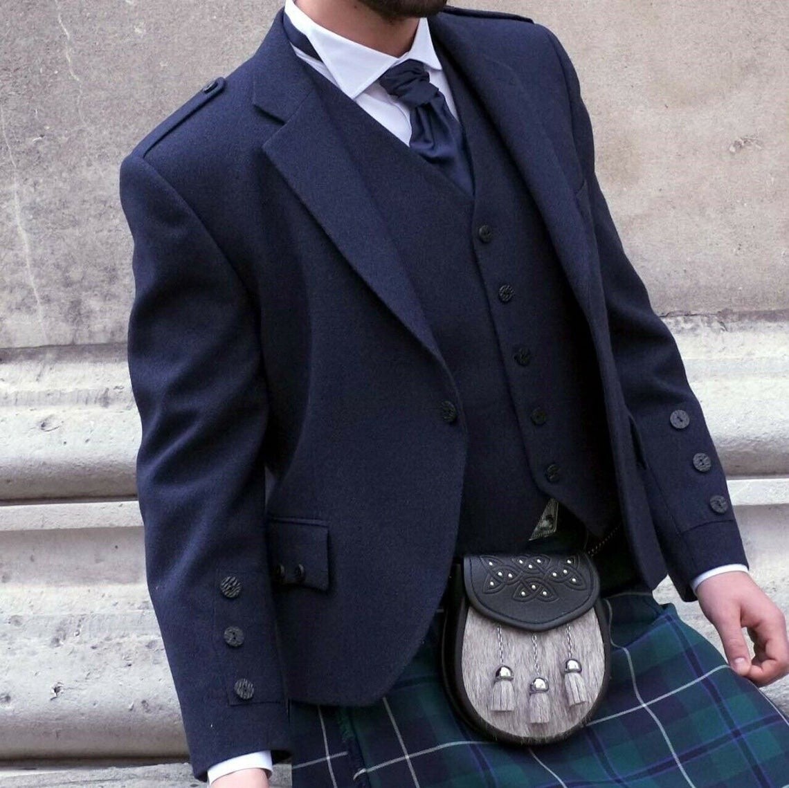 Scottish Navy Blue Argyle Style Jacket 5 Button Vest Highland wedding jacket