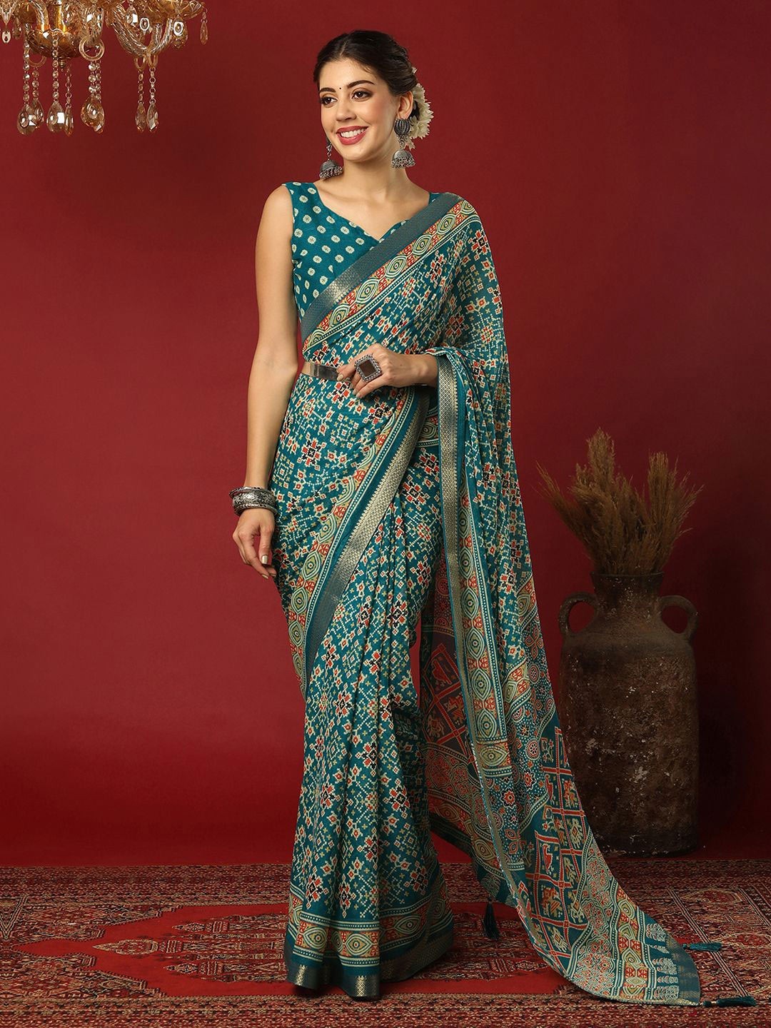 Ethnic Motifs Printed Woven Design Pure Georgette Patola Saree