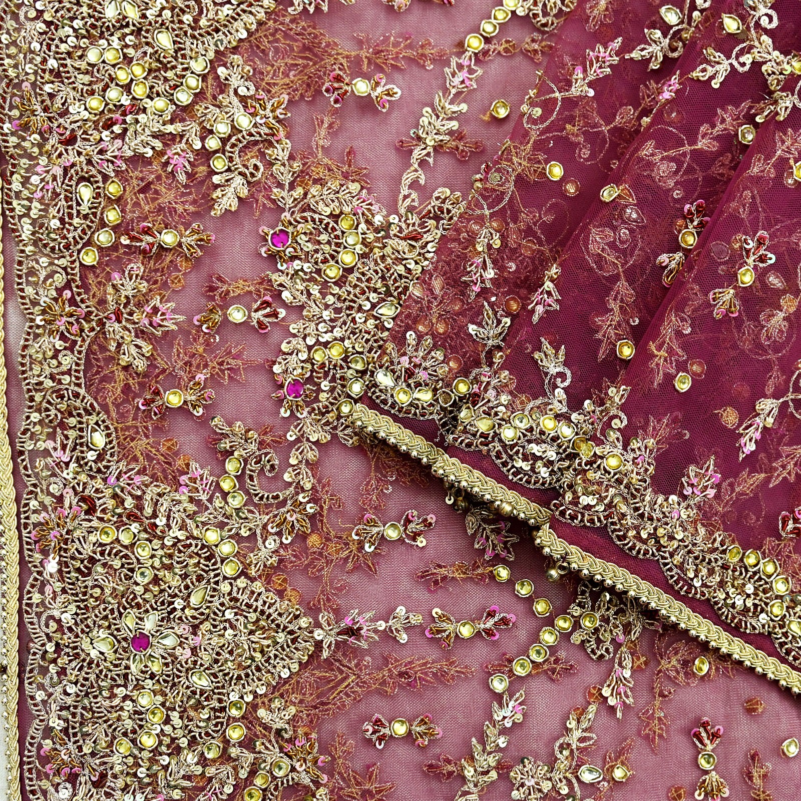 Vintage Heavy Purple Dupatta Net Mesh Long Stole Hand Embroidered Scarf Zardozi