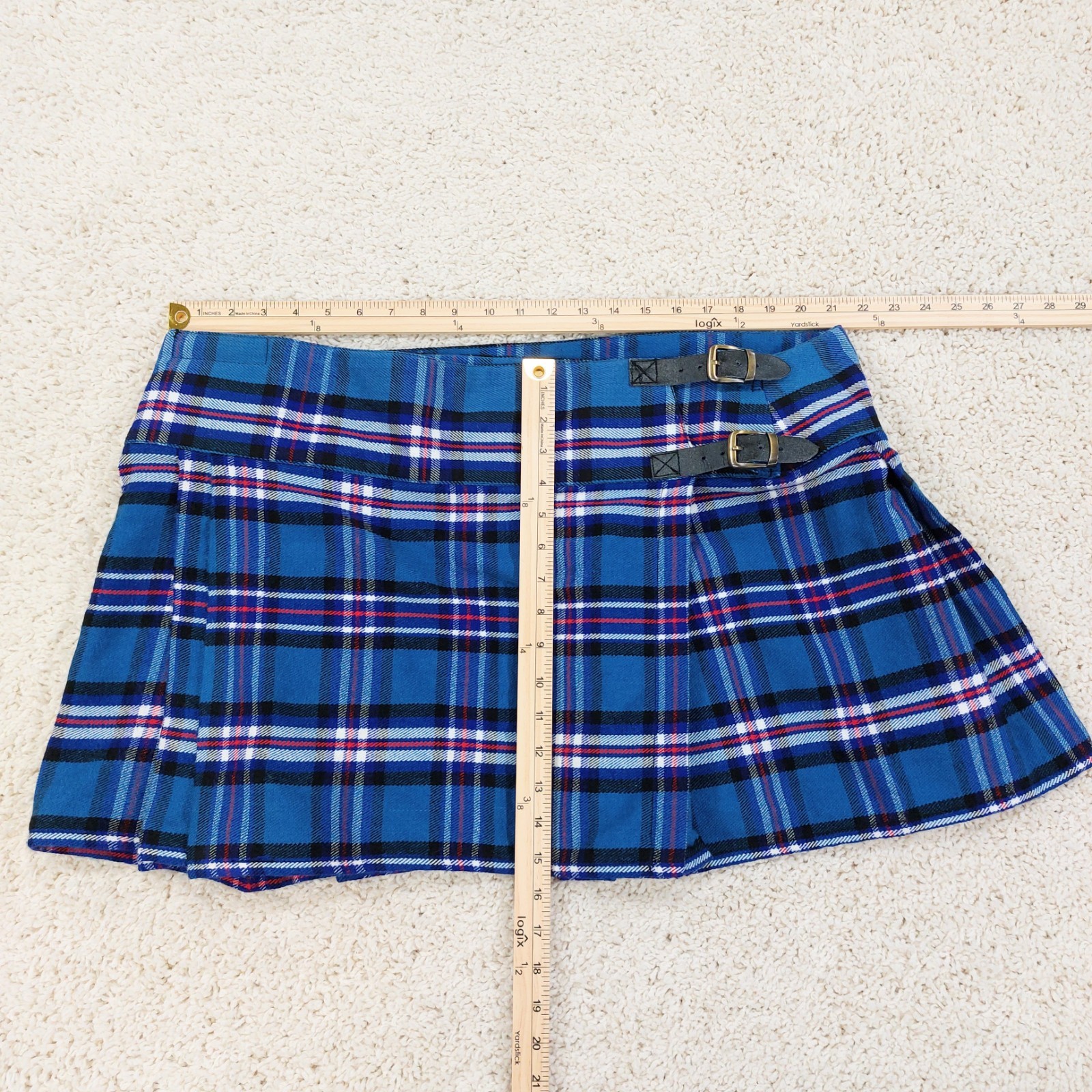 PD Kilts Wool Blend Kilt Sz 42, Blue Plaid, Leather & Brass Belt, Mini Length