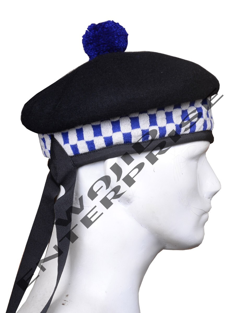 SCOTTISH Piper Balmoral Cap Bonnet Kilt Hat Royal Blue & White Diced Kilt Cap