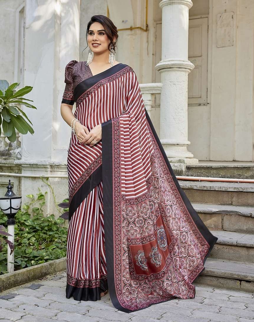 Printed Bollywood Tussar Silk Saree with Unstitched Blouse (Multicolor)