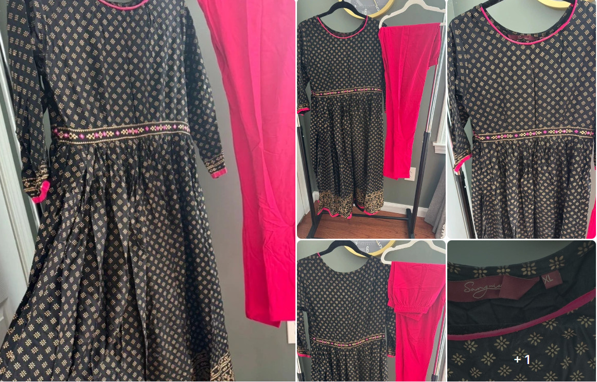 Black & Fuchsia Ethnic Anarkali 2 Piece Set Flowy Festive Dress Size M/L Party