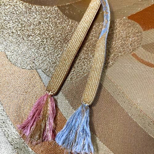 Flat Braided Obijime Cord Gold Beige w/ Pink & Blue Tassels 59in Kimono Accessor