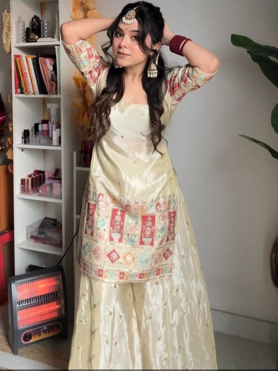 Women Ethnic Motifs Embroidered Salwar Suit Set with Sharara and Dupatta, Off Wh