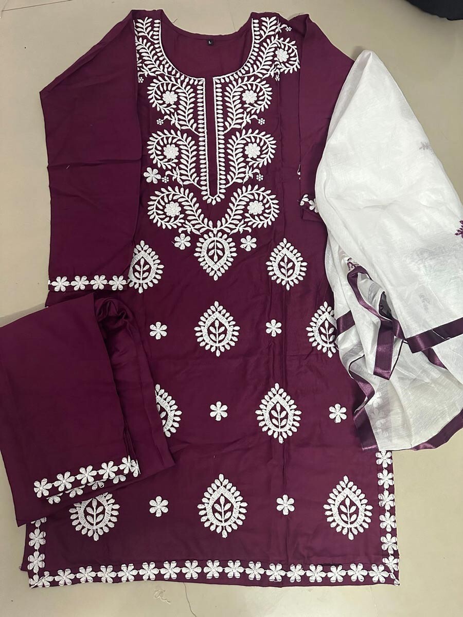INDIAN DESIGNER RAYON COTTON EMBROIDERY CHICKENKARI WORK TOP BOTTOM WITH DUPATT