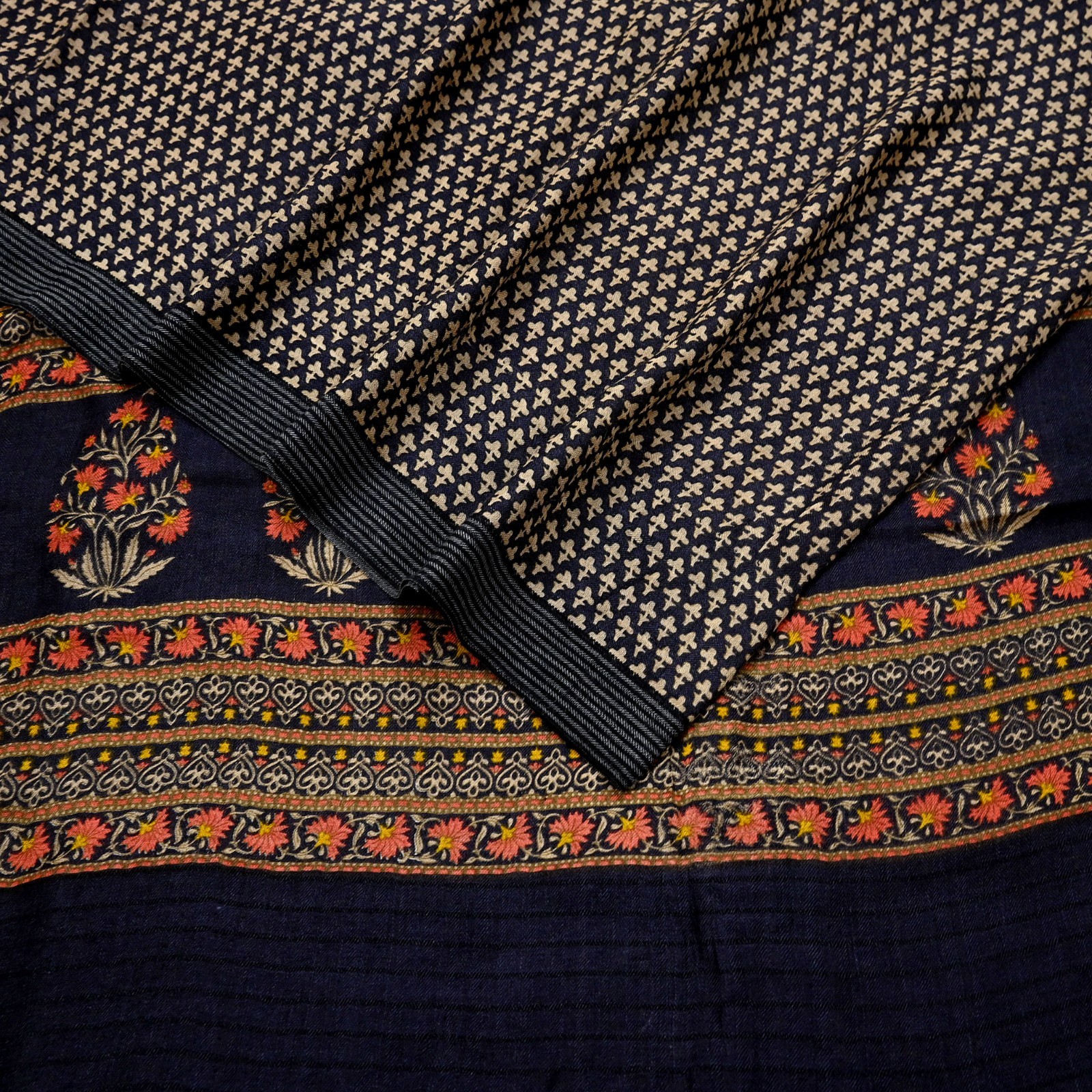 Vintage Black & Beige Saree Pure Woolen Woven Printed Sari Warm Craft Fabric 5Yd