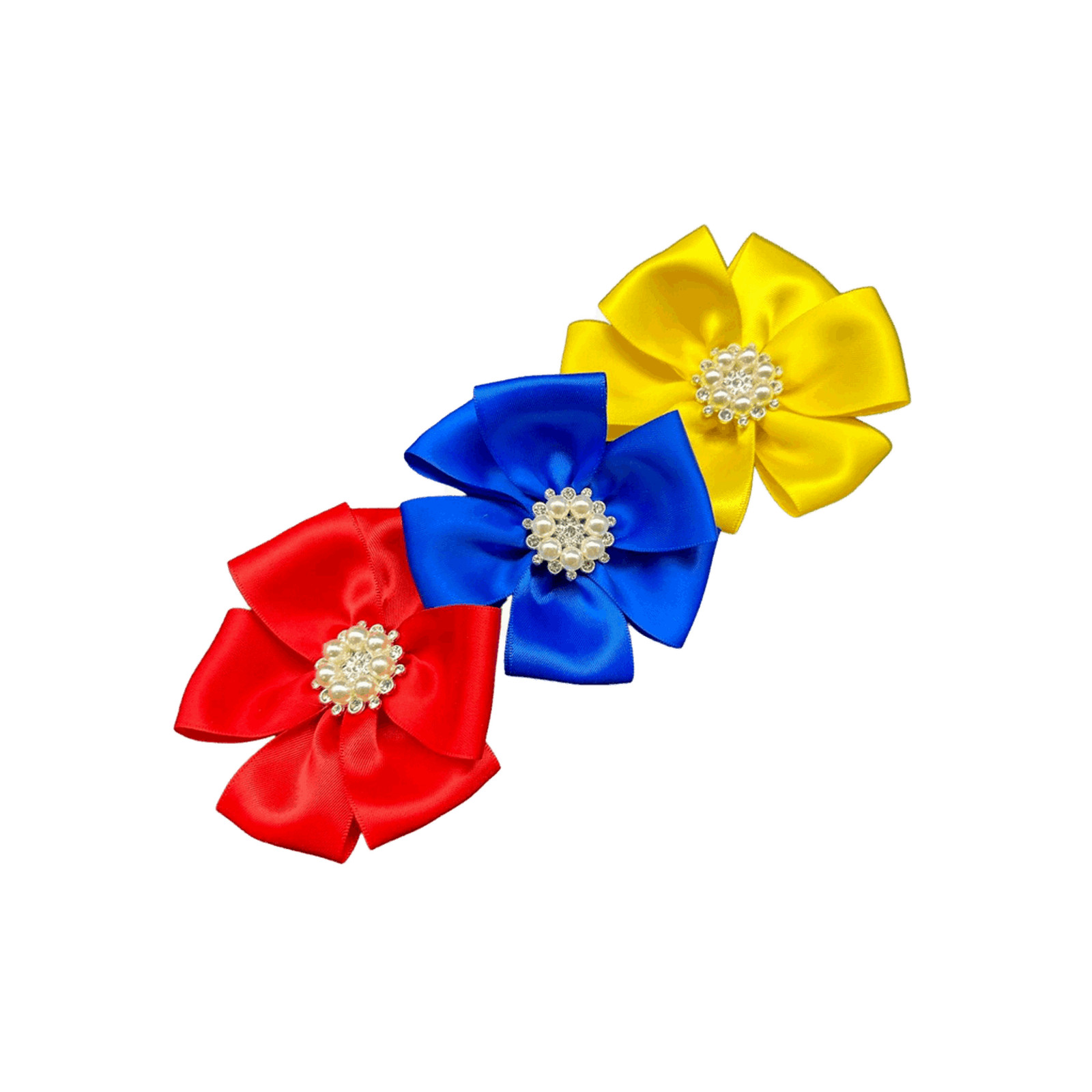 3-Piece Satin Hair Clips Set in Yellow, Blue, and Red with Large Pearls and