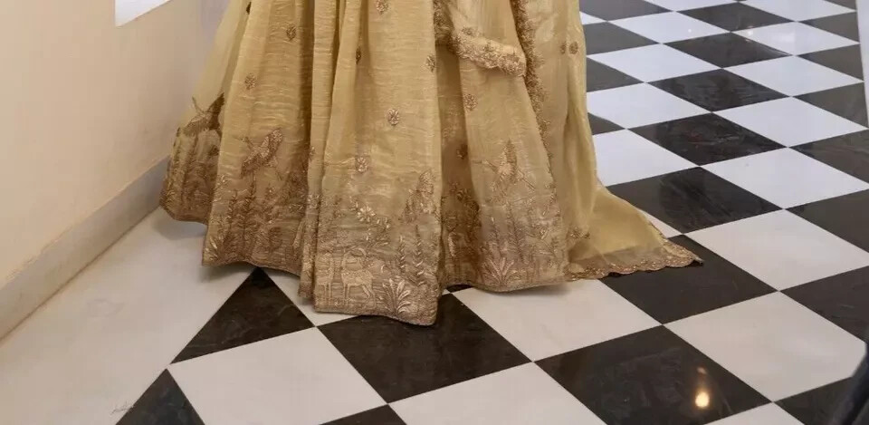Reception Wear Off White Gold Crush Lehenga Choli With Dupatta For Women