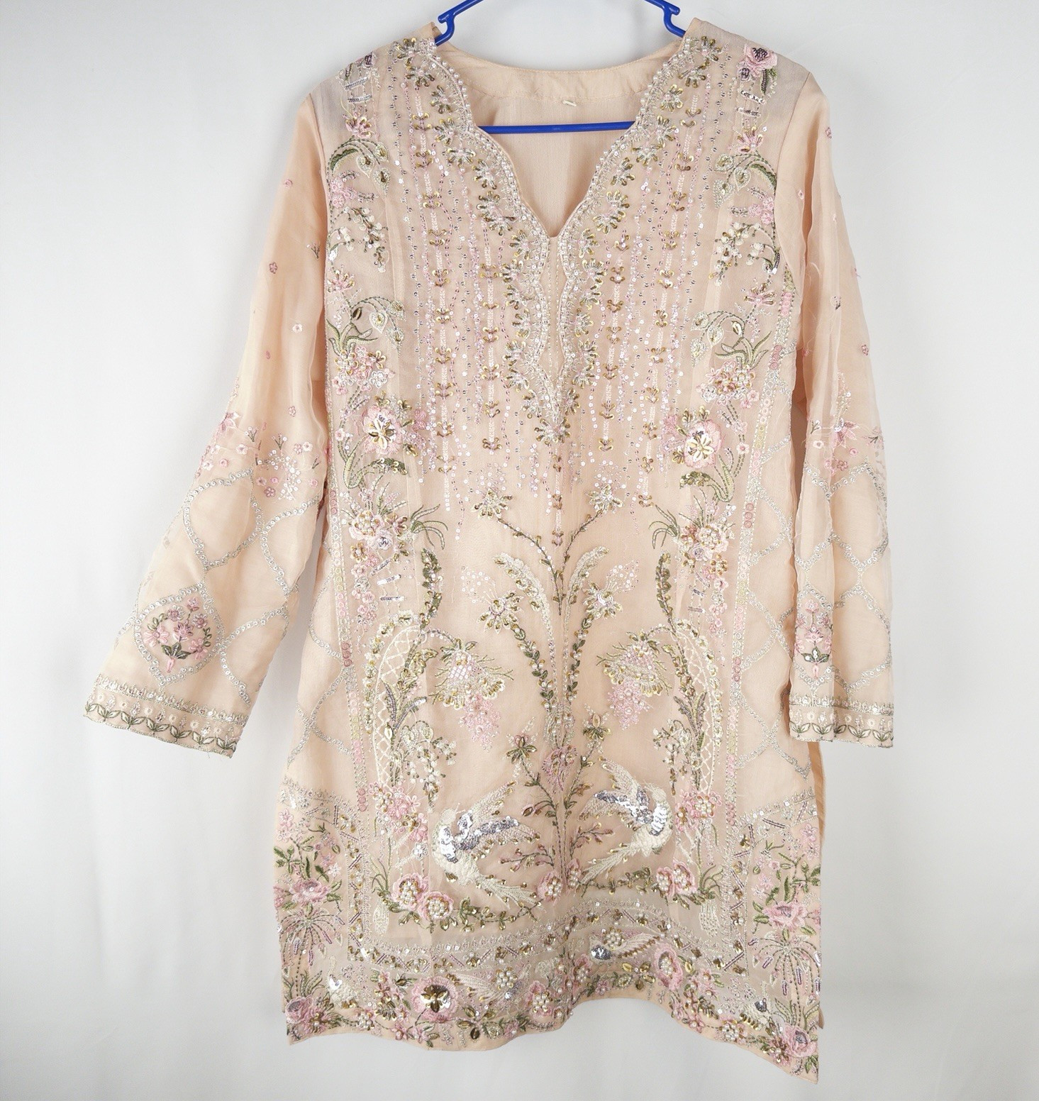 Handmade Beige fancy Chiffon Embroidered Pakistani Indian 3pc Garara shirtSuit M