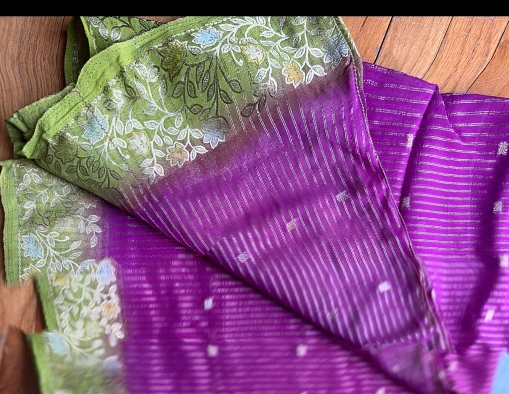 Dark Pink And Pista Shaded Saree With Stitched Blouse