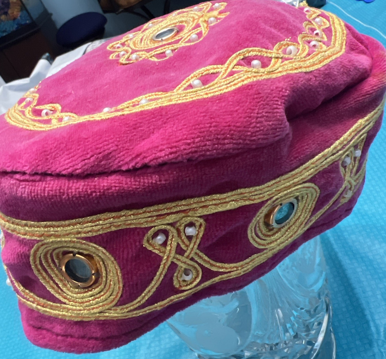 Vintage Velvet Embroidered Turkish Islamic Hat Kufi Gold Thread Mirror Bead