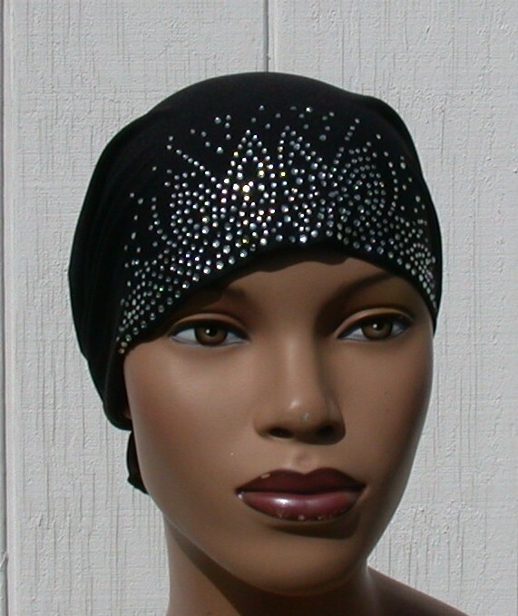 Rhinestone Turban Cap Hijab BLACK Rayon Chemo Tie Back Cap