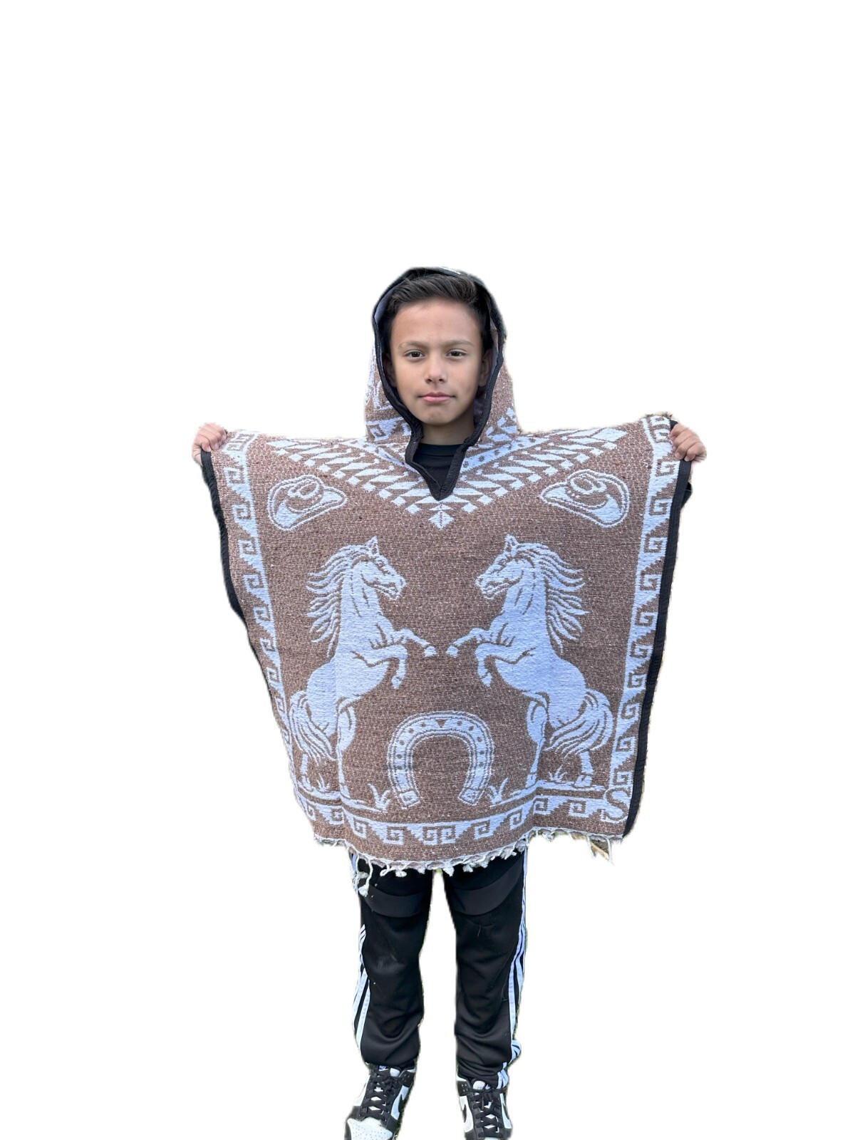 KIDS PONCHO, HOOD ,COSTUME , BLANKET GABAN ,6-12 YEARS , HORSES , TAN
