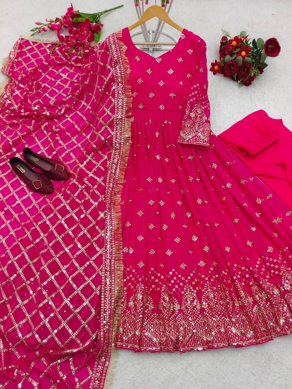 Heavy Faux Georgette Pink Gown Bottom With Dupatta For Functional Wear