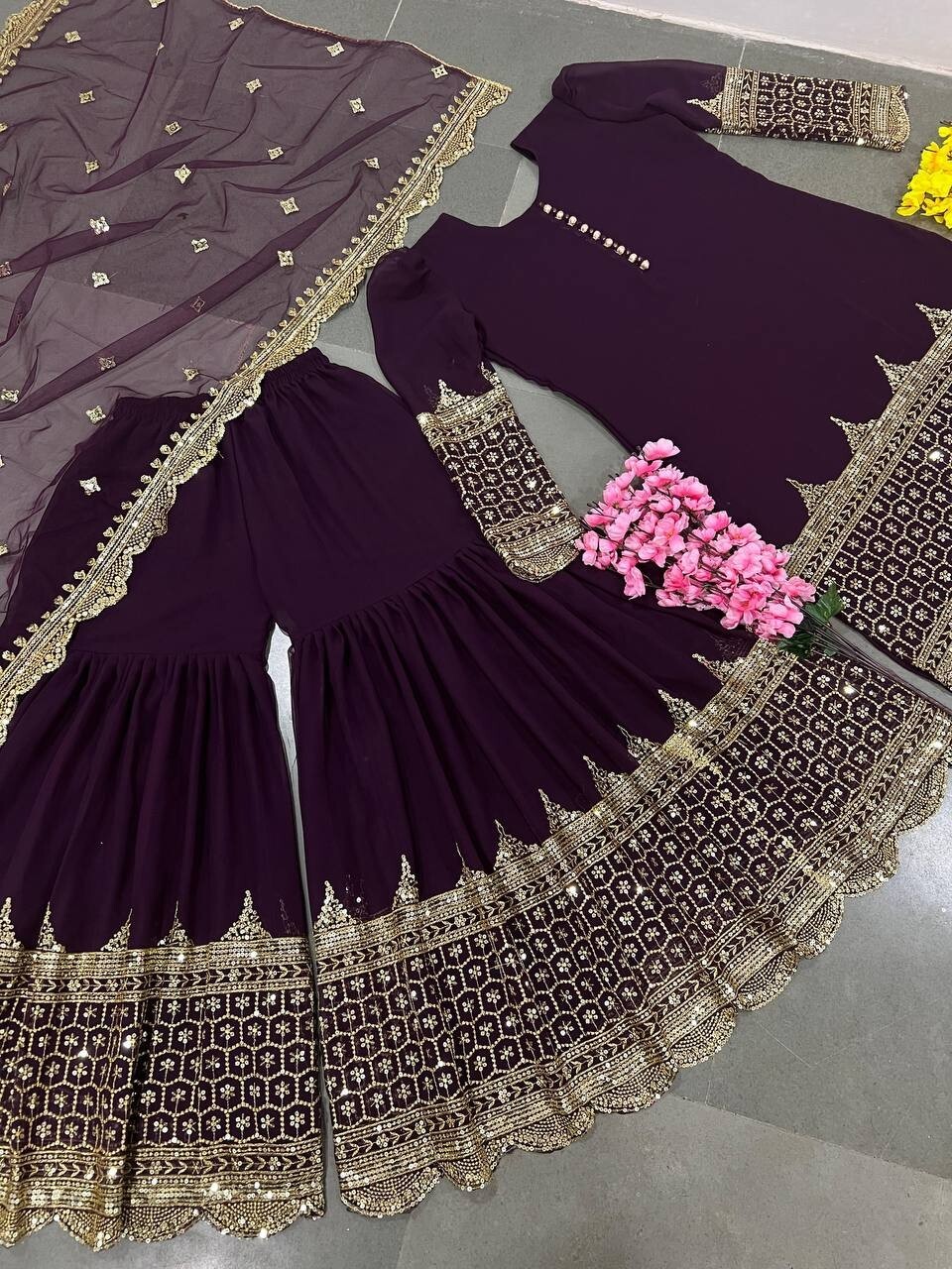 BEAUTIFUL HEAVY FAUX GEORGETTE TOP SHARARA WITH NET DUPATTA FOR WEDDING