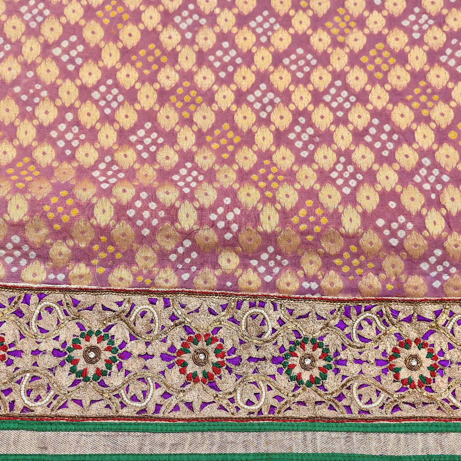 Indian Pre-Owned Sari Pure silk Hand Embroidered Bandhani Gharchola Saree