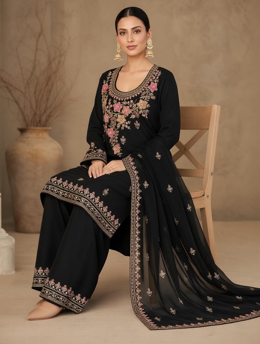 Custom Size Black Cotton Hand Embroidered Pakistani Salwar Suit Set with Dupatta
