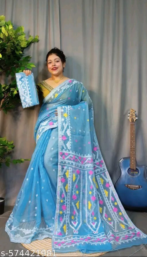 Traditional Bengali Handmade Jamdani Saree With Unstitched Bloused Wedding Wear