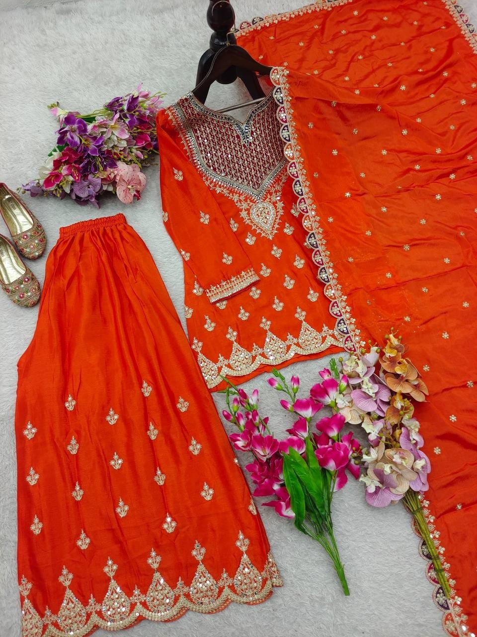 Launching New Orange Chinnon Silk Kurta Palazzo With Dupatta For Women