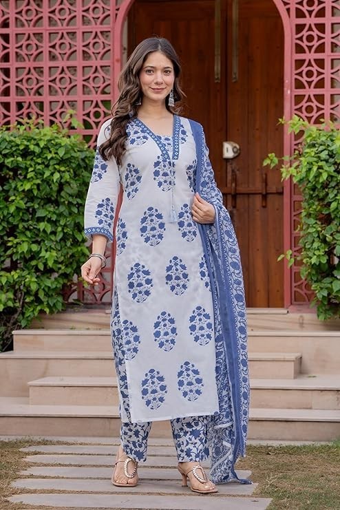 Women’s Pure Cotton Printed Straight Kurta Set with Palazzo Pants & Dupatta
