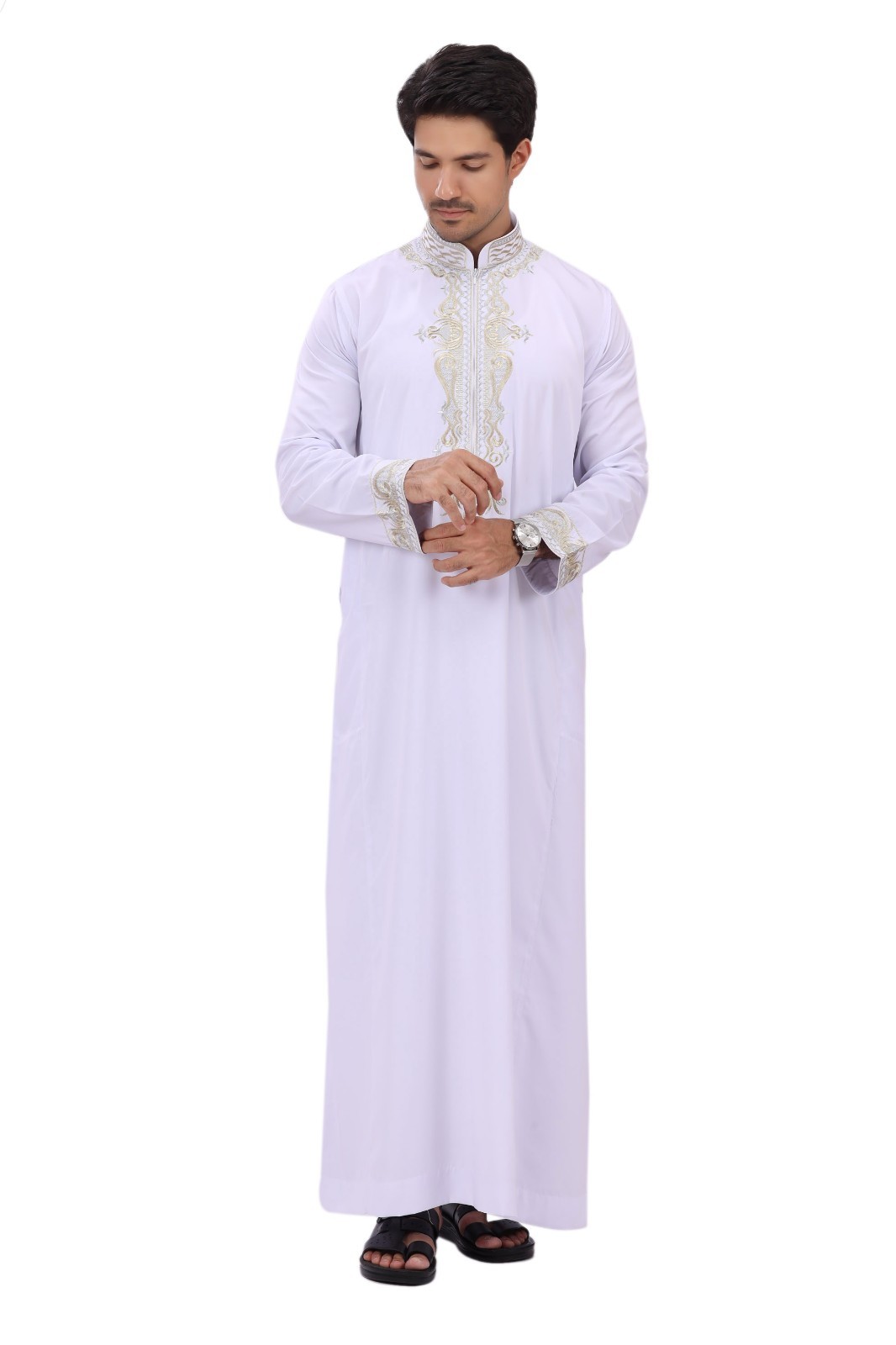 Men’s Traditional Arabic Thobe Long Sleeve Kaftan Robe for Eid Prayer & Wedding
