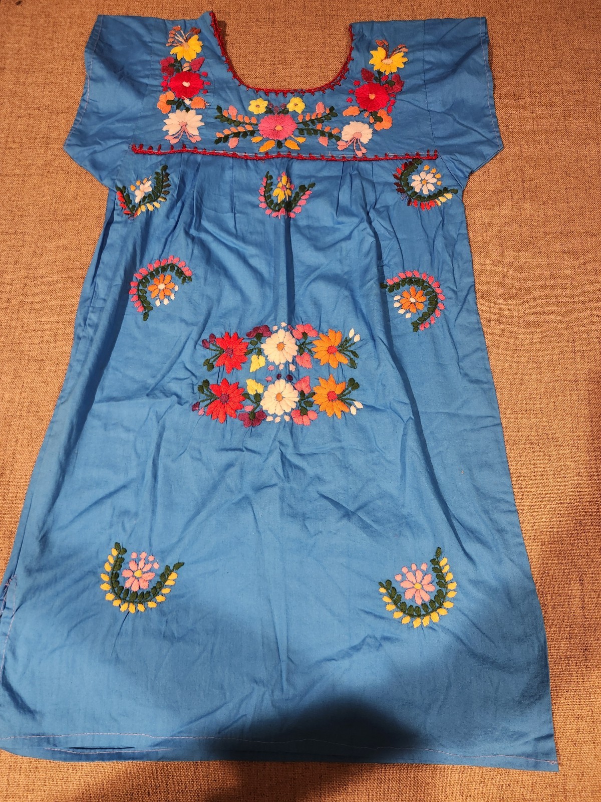 Girls Blue Mexican Huipil Artesanal Floral Embroidery Cotton One Size