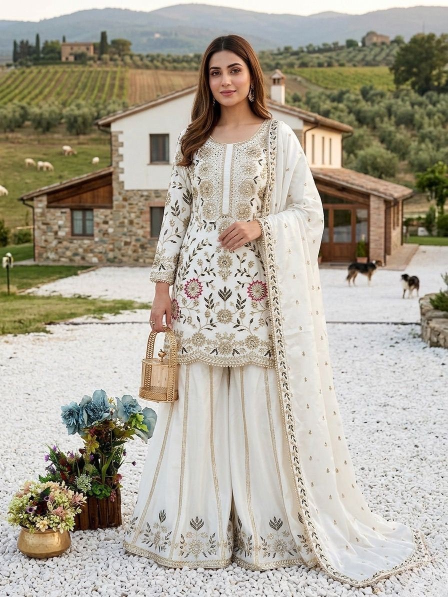 Elegant Designer Silk Kurta Palazzo With Dupatta For Wedding & Party Wear bridal