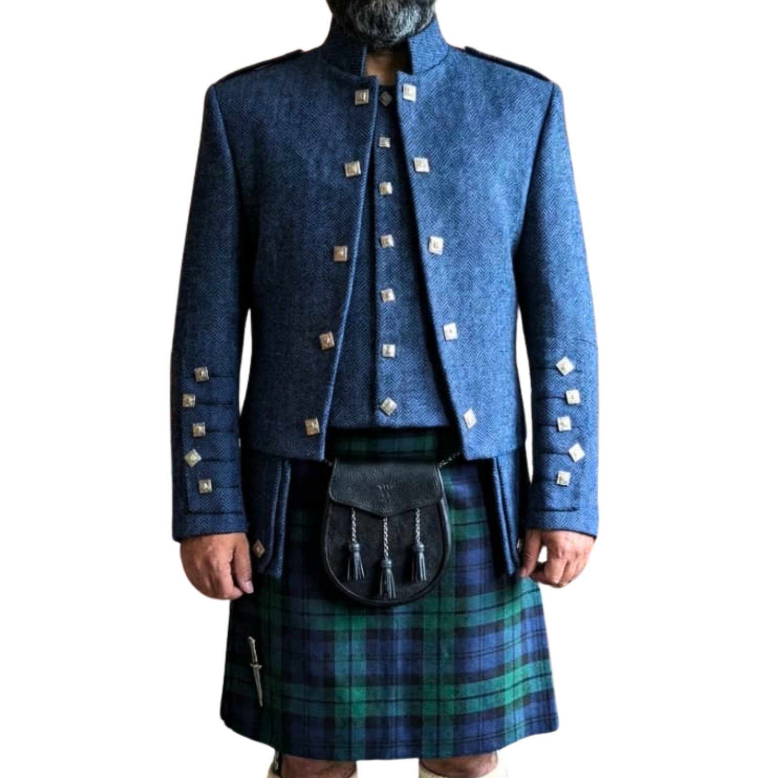 Mens Blue Tweed Waistcoat & Coat Herringbone Formal Wedding Suit Jacket Scottish