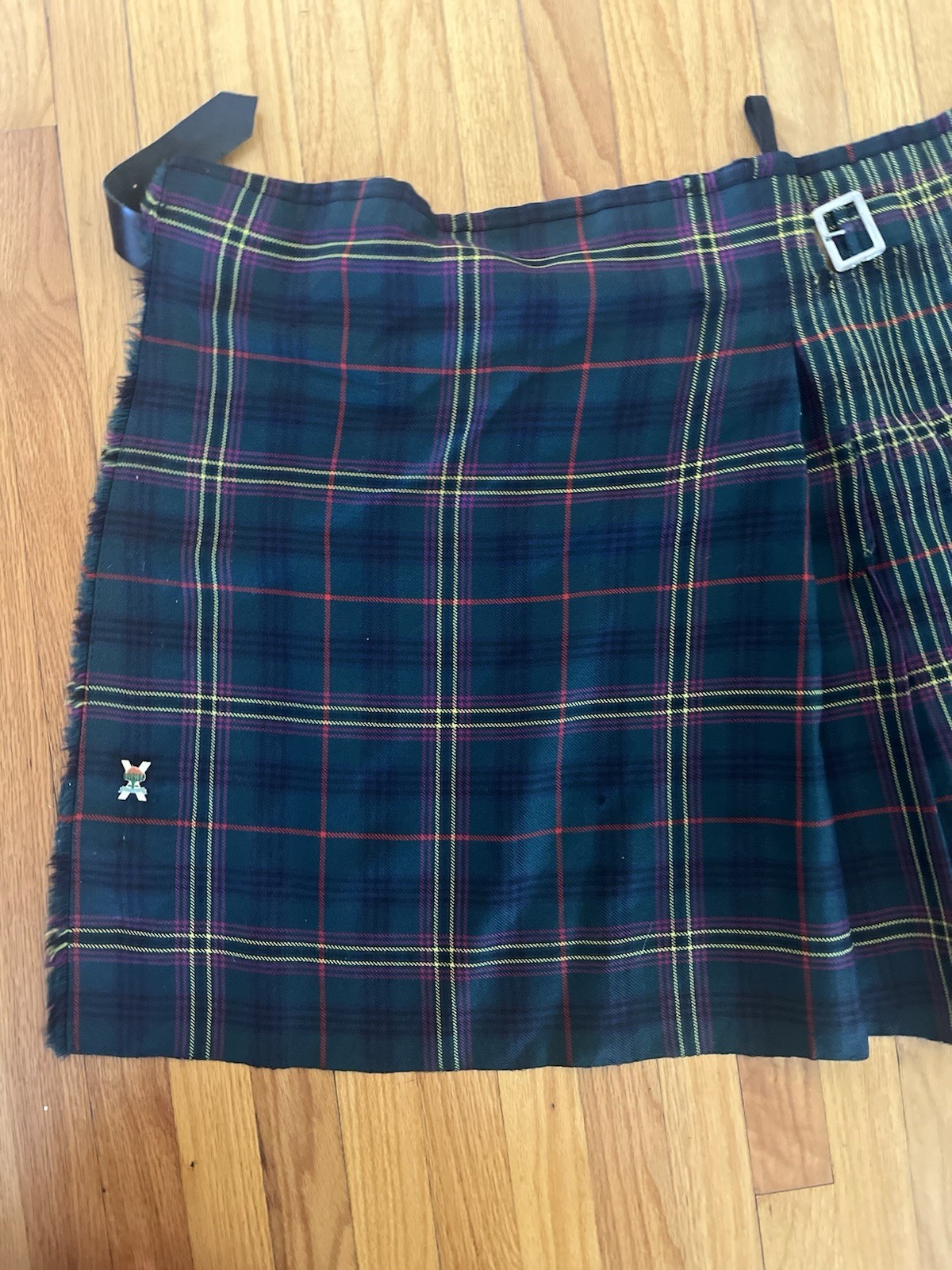 Vintage Thomas Gordon Kilt Green Plaid Kennedy Tartan in Modern Colors w/ Pin