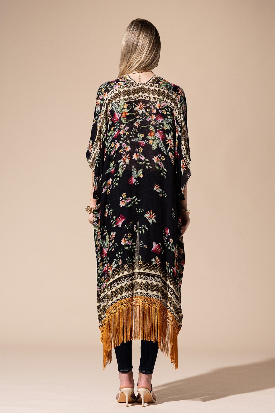 Black Floral Boho Hippie Vintage Kimono Fringe Tassel Cardigan Duster Reg PLUS