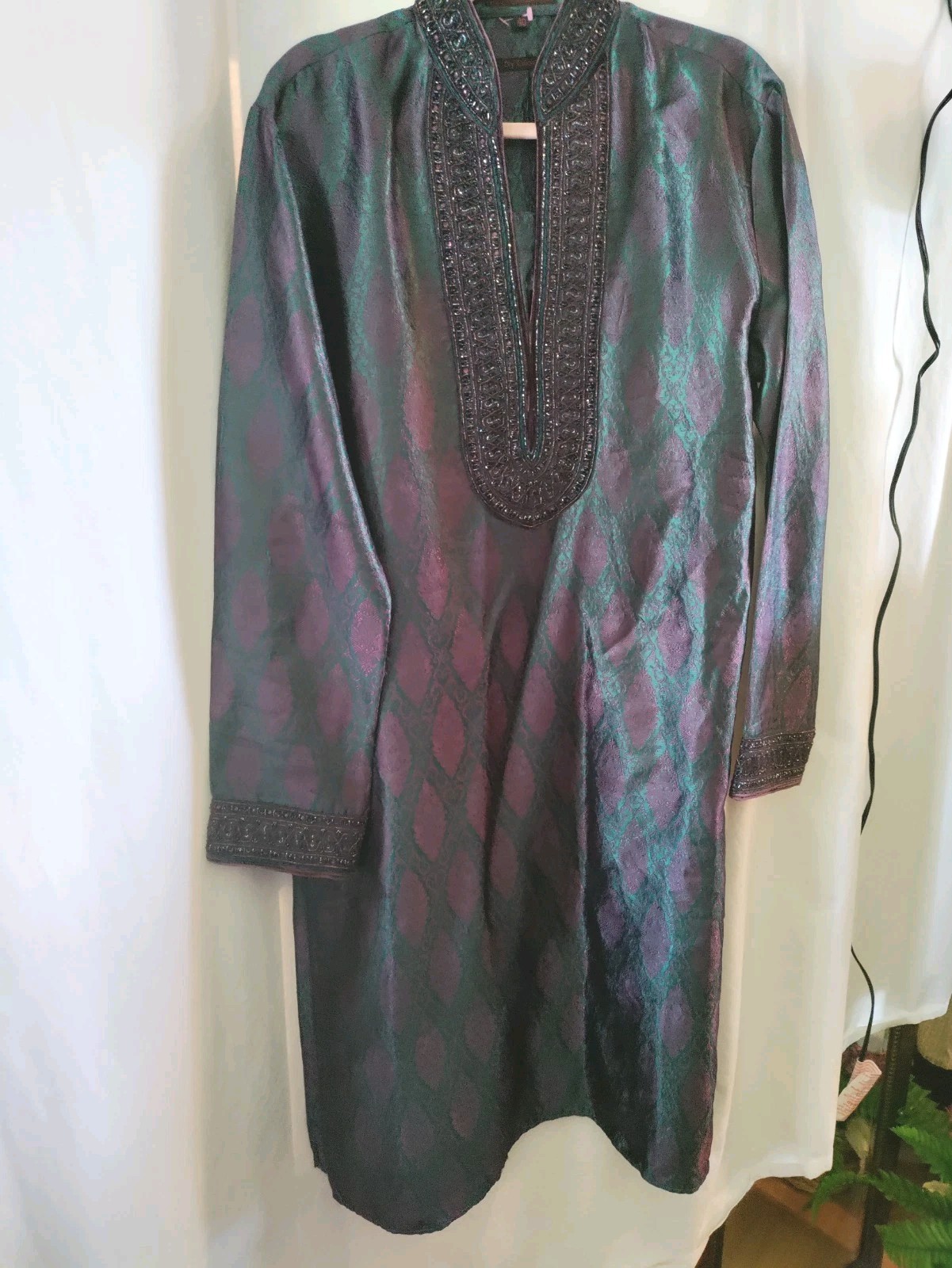 Azania India Kurta – SZ 40 M Dark Purple Green Brocade Silk Weddings EC