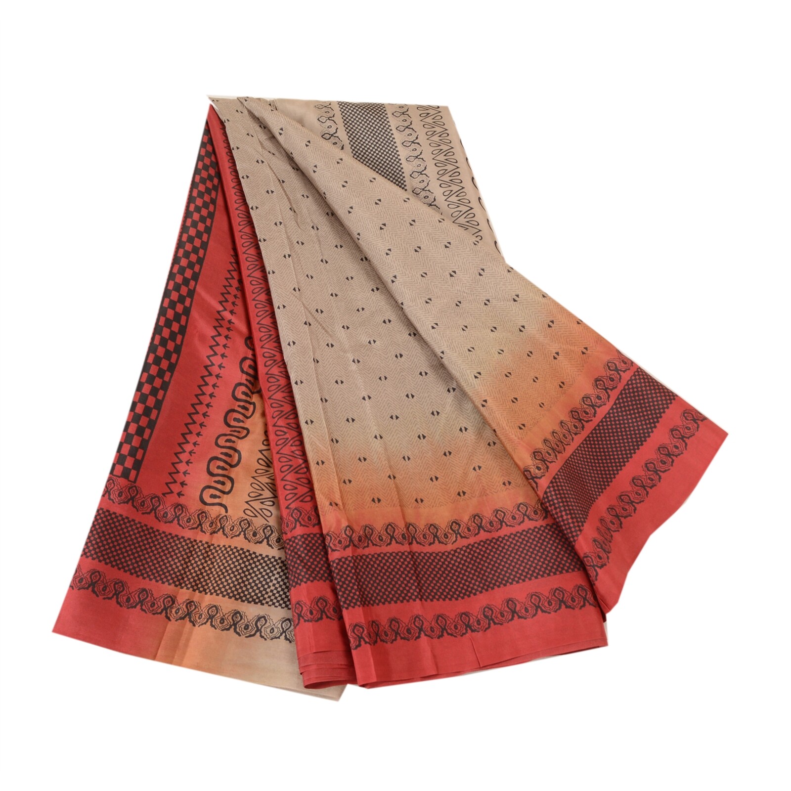Sanskriti Vintage Sarees Cream & Red Pure Silk Printed Sari Floral Craft Fabric