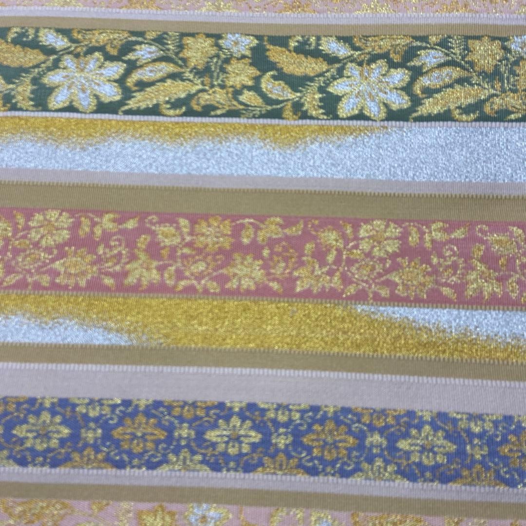 Japanese Rokutsu Fukuro Obi Beige Gold Meibutsugire Silk Kimono Sash